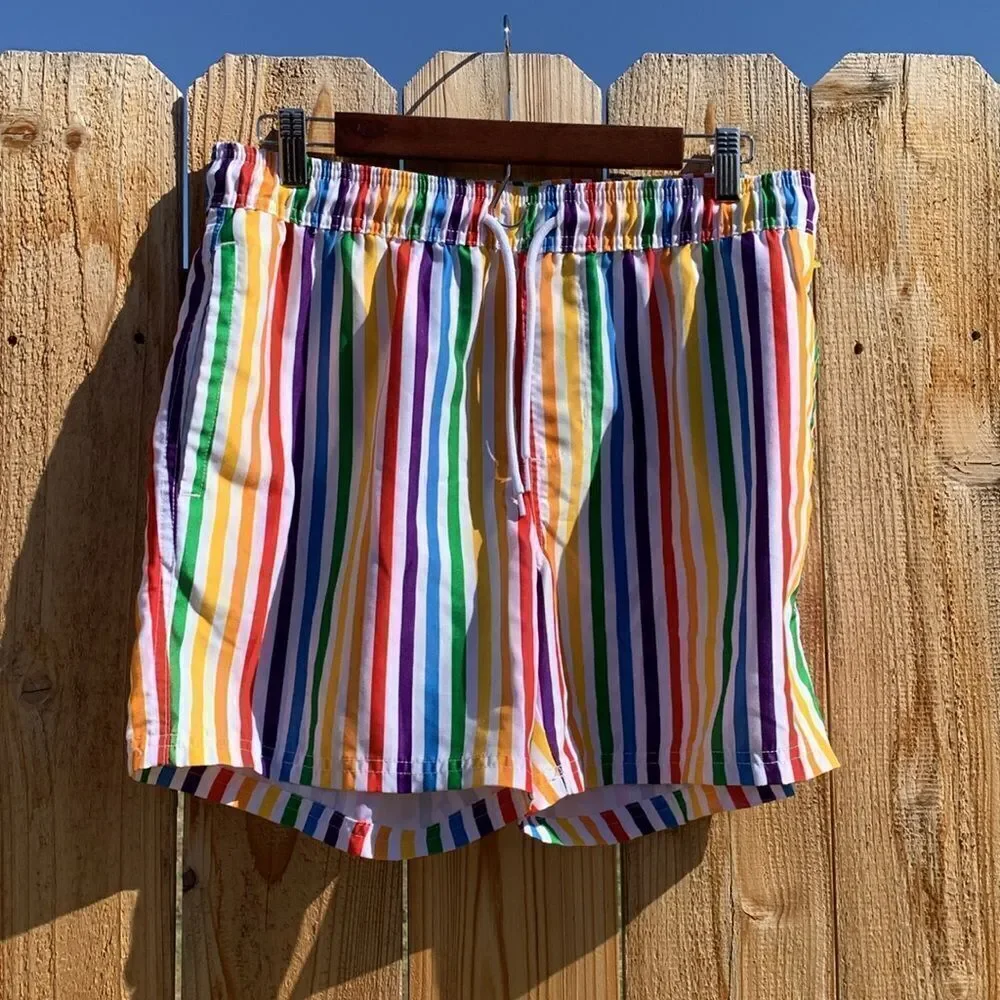 Take 50% OFF- Trinity Collective Rainbow Striped Unlined Swim Trunks, Size-M